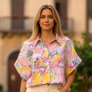 Fruit Print Cropped Button Shirt Size S